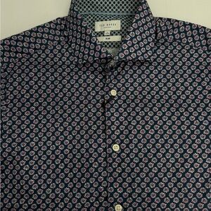 NWT Ted Baker Dress Shirt Mens 15 32/33 Slim Fit Stretch Mini Floral Print Navy